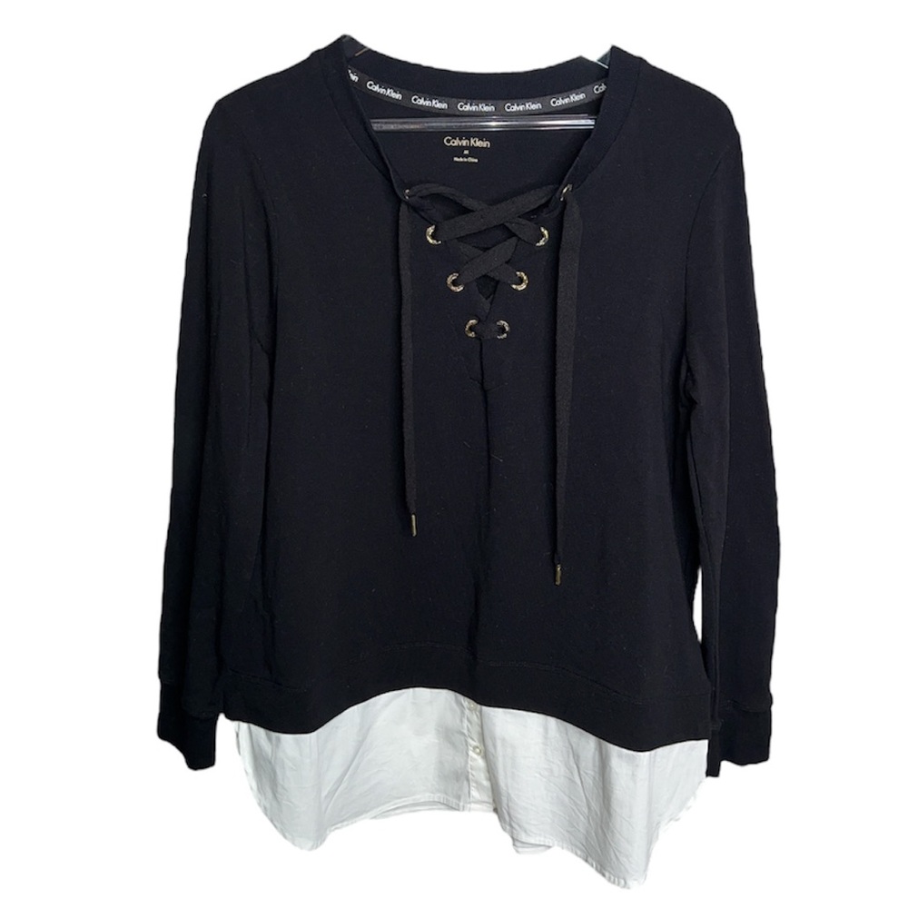 Calvin Klein Black Sweater W/Lace Up V Neck